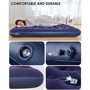 JEAOUIA Full Size Air Mattress for Inflatable - Portable Blue Blow Up Mattresses with Flocked top - Double Foldable Air Bed for Tent Camping Home Travel Backpacking