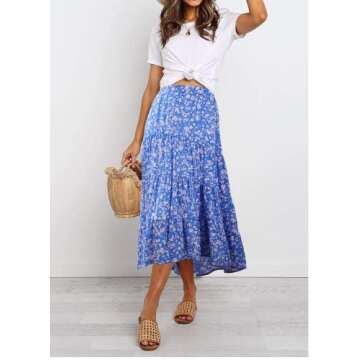 PRETTYGARDEN Ditzy Floral Skirt Midi Boho Elastic High Waist Skirt A-line Long Vintage Skirts