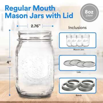 Regular Mouth Mason Jars 8 oz. (4 Pack) - Half Pint Size Jars with Airtight Lids and Bands - Made in USA - for Canning, Fermenting, Pickling, or DIY Decors and Projects Bundled with Jar Opener