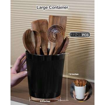 LYNG Utensil Holder For Kitchen Counter, 360° Rotating Melamine Kitchen Utensil Organizer, 7.6″ Large Cooking Utensil Holder With Non-Slip Acacia Wood Bottom, Farmhouse Kitchen Decor White