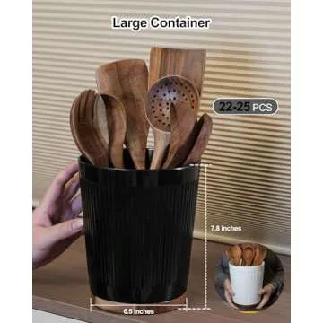 LYNG Utensil Holder For Kitchen Counter, 360° Rotating Melamine Kitchen Utensil Organizer, 7.6″ Large Cooking Utensil Holder With Non-Slip Acacia Wood Bottom, Farmhouse Kitchen Decor White