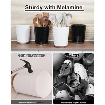 LYNG Utensil Holder For Kitchen Counter, 360° Rotating Melamine Kitchen Utensil Organizer, 7.6″ Large Cooking Utensil Holder With Non-Slip Acacia Wood Bottom, Farmhouse Kitchen Decor White