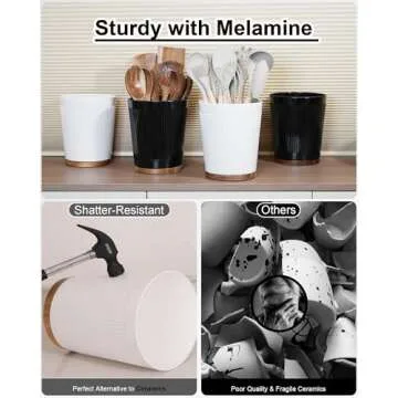 LYNG Utensil Holder For Kitchen Counter, 360° Rotating Melamine Kitchen Utensil Organizer, 7.6″ Large Cooking Utensil Holder With Non-Slip Acacia Wood Bottom, Farmhouse Kitchen Decor White