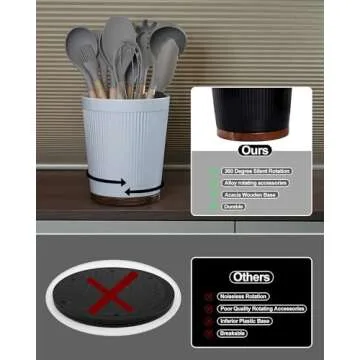 LYNG Utensil Holder For Kitchen Counter, 360° Rotating Melamine Kitchen Utensil Organizer, 7.6″ Large Cooking Utensil Holder With Non-Slip Acacia Wood Bottom, Farmhouse Kitchen Decor White