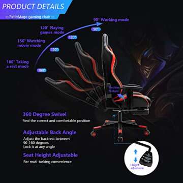 PatioMage Gaming Chair Ergonomic Office Chair Headrest Lumbar Support Comfortable High Back Adjustable Reclining Computer Chair with Footrest Desk Chair PU Leather Swivel Chair