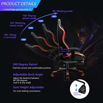PatioMage Gaming Chair Ergonomic Office Chair Headrest Lumbar Support Comfortable High Back Adjustable Reclining Computer Chair with Footrest Desk Chair PU Leather Swivel Chair