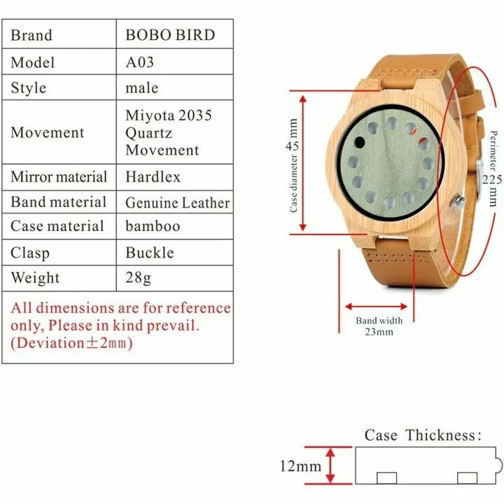 BOBO BIRD Men's Bamboo Wooden Watch with Leather Strap