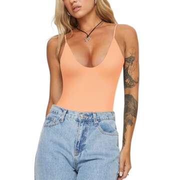 REORIA Women's Summer Sexy V Neck Double Lined Backless Bodysuit in Peach Fuzz, X-Large