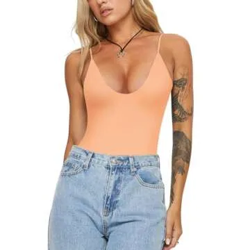 REORIA Women's Summer Sexy V Neck Double Lined Backless Bodysuit in Peach Fuzz, X-Large