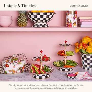 MACKENZIE-CHILDS Enamel Relish Dish, Small Serving Bowl for Entertaining, Black-and-White Courtly Check