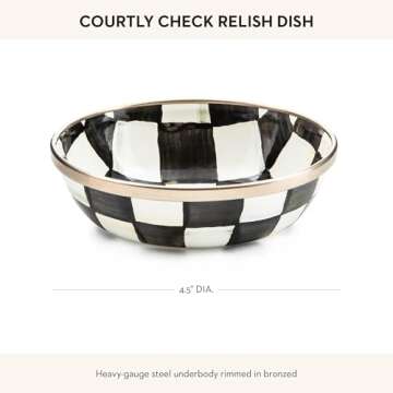 MACKENZIE-CHILDS Enamel Relish Dish, Small Serving Bowl for Entertaining, Black-and-White Courtly Check