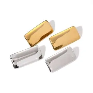 CETVLY Large Thick Rectangle Ear Stud Earrrings for Women,Oversized Chunky Geometric Minimalist Stainless Steel 18K Gold Plated Earrings,Non Tarnish Statement Trending Jewelry(rec gold)