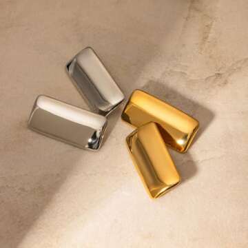CETVLY Large Thick Rectangle Ear Stud Earrrings for Women,Oversized Chunky Geometric Minimalist Stainless Steel 18K Gold Plated Earrings,Non Tarnish Statement Trending Jewelry(rec gold)