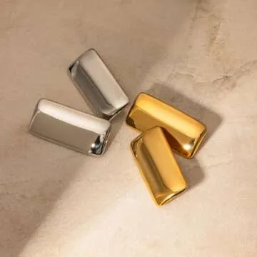 CETVLY Large Thick Rectangle Ear Stud Earrrings for Women,Oversized Chunky Geometric Minimalist Stainless Steel 18K Gold Plated Earrings,Non Tarnish Statement Trending Jewelry(rec gold)