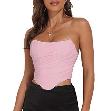 Women's Vintage Strapless Open Back Boned Mesh Bustier Zip Back Corset Bodyshaper Crop Top
