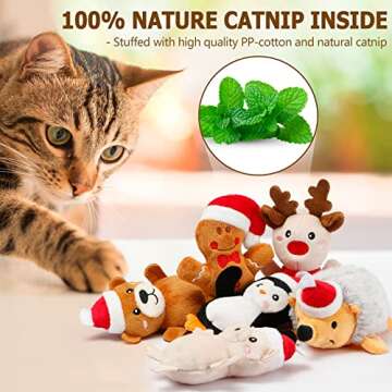 Senneny 6 PCS Christmas Catnip Toy Set - Reindeer, Gingerbread Man, Bear, Piggy, Hedgehog, Penguin - Plush Animal Toys Gifts for Cat Christmas Stocking