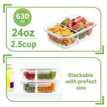 HOMBERKING 10 Pack 24oz Glass Meal Prep Containers 2 Compartment for Healthy Meals