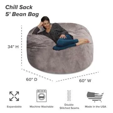 Chill Sack Bean Bag Chair - 5' Giant Memory Foam Lounge Chair with Soft Microfiber Cover – Cozy Furniture for Living Room, Dorm, & Kids' Rooms – Comfortable 5 Ft, Faux Rabbit Fur Lounge Sofa, Gray