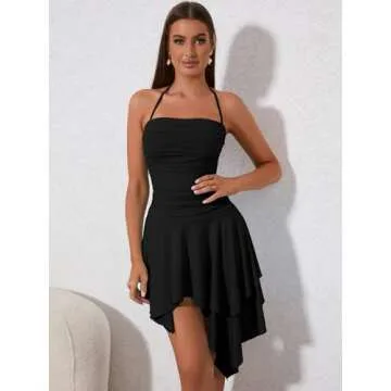 EYNMIN Women's Summer Mini Dress Bodycon Ruched Backless Halter Flowy Ruffle Party Club Short Dresses Black-XL