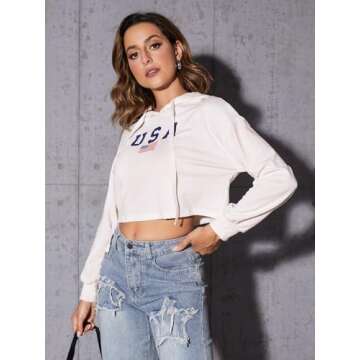 SweatyRocks Women's Letter Print Casual Long Sleeve Crop Top Sweatshirt Hoodies White M