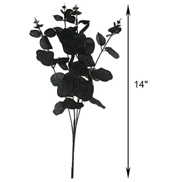 Tinsow 5 Pcs Black Artificial Eucalyptus Stems Faux Eucalyptuses Branches Black Leaf Halloween Centerpiece Halloween Home Decor (Black, 5)