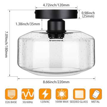 SunRider Industrial Semi-Flush Mount Ceiling Light Fixture, Modern Seeded Glass Pendant Lamp, Black ...