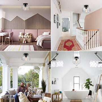 SunRider Industrial Semi-Flush Mount Ceiling Light Fixture, Modern Seeded Glass Pendant Lamp, Black Farmhouse Hanging Lighting for Bedroom Hallway