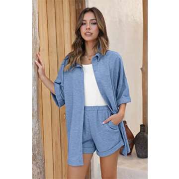 Ekouaer Waffle Knit Lounge Sets for Women Short Sleeve Pajamas Button Down Pjs Oversized Loungewear ...