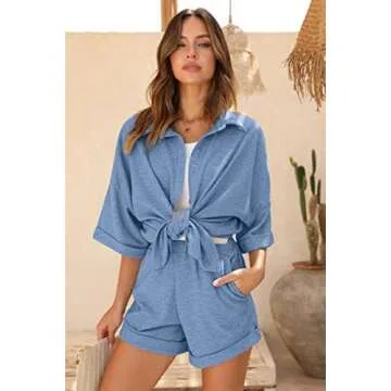Ekouaer Waffle Knit Lounge Set for Women Comfortable Pjs