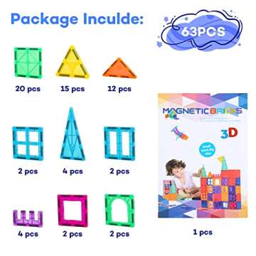 Anbalulu Magnetic Tiles, 63PCS Magnetic Blocks for Kids, Magnet Building Set, Construction Building Set,STEM Sensory Educational Toys Gift for Toddlers Kids 3 4 5 6 7 8 9 Year Old