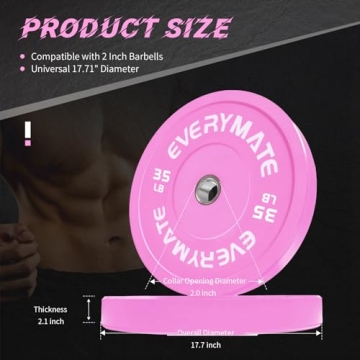 EVERYMATE Pink Weight Plates 35LB-1 Pack Olympic Bumper Plates Grip Weight Plates for Strength Training & Crossfit Steel Inserts Weight Plates Fit 2" Barbells Virgin Rubber Weights