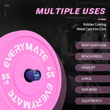 EVERYMATE Pink Weight Plates 35LB-1 Pack Olympic Bumper Plates Grip Weight Plates for Strength Training & Crossfit Steel Inserts Weight Plates Fit 2" Barbells Virgin Rubber Weights