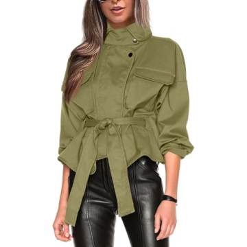 Tankaneo Women's Bomber Jacket Zip Up Casual Jackets Lightweight Windbreaker with Belt