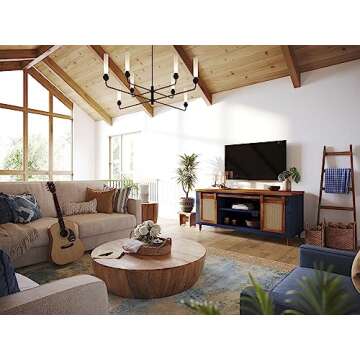 Bme Premium Arvid TV Console Table, Pre-Assembled Entertainment Center for up to 70 inch TV, Solid Wood TV Table with Rattan Sliding Doors, Media Console