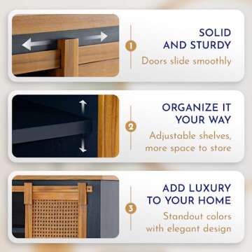 Bme Premium Arvid TV Console Table, Pre-Assembled Entertainment Center for up to 70 inch TV, Solid Wood TV Table with Rattan Sliding Doors, Media Console