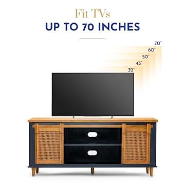Bme Premium Arvid TV Console Table, Pre-Assembled Entertainment Center for up to 70 inch TV, Solid Wood TV Table with Rattan Sliding Doors, Media Console