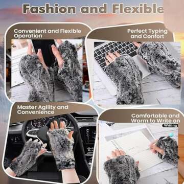 Valpeak Womens Rabbit Fur Winter Mittens Knitted Fingerless Gloves (White)