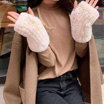 Valpeak Womens Rabbit Fur Winter Mittens Knitted Fingerless Gloves (White)