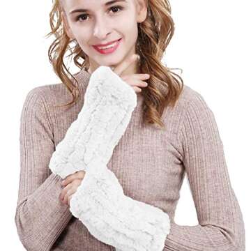 Valpeak Womens Rabbit Fur Winter Mittens Knitted Fingerless Gloves (White)
