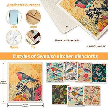 Lucomb 8 Pack Swedish Dishcloths for Kitchen, Reusable Soft Kitchen Towels Dish Cloths Set Absorbent Sponge Cleaning Washable Quick Drying Bar Hand Washing (Birds Flowers)