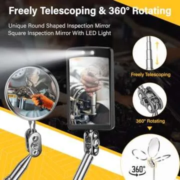 Telescoping Magnetic Pick Up Tool Kit with 1 lb and 15 lb Pickup Rod, Round and Square 360 Swivel Adjustable Inspection Mirror and Flexible Flashlight, Valentines Day Gifts for Men, Husband, Boyfriend