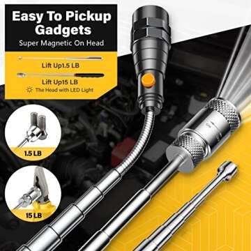 Telescoping Magnetic Pick Up Tool Kit with 1 lb and 15 lb Pickup Rod, Round and Square 360 Swivel Adjustable Inspection Mirror and Flexible Flashlight, Valentines Day Gifts for Men, Husband, Boyfriend