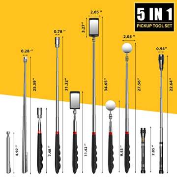 Telescoping Magnetic Pick Up Tool Kit with 1 lb and 15 lb Pickup Rod, Round and Square 360 Swivel Adjustable Inspection Mirror and Flexible Flashlight, Valentines Day Gifts for Men, Husband, Boyfriend