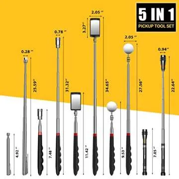 Telescoping Magnetic Pick Up Tool Kit with 1 lb and 15 lb Pickup Rod, Round and Square 360 Swivel Adjustable Inspection Mirror and Flexible Flashlight, Valentines Day Gifts for Men, Husband, Boyfriend