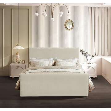 Meridian Furniture SloanCream-F Sloan Collection Modern | Contemporary Velvet Upholstered Full Bed with Rich Soft Cream Velvet, Curved Headboard and Footboard, 59.5" W x 92" D x 45" H, Cream, Full