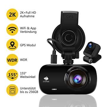 Dual Dash Cam, Z-Edge Z3D 2.7" Screen Dual 1920 x 1080P Dash Cam Front and Rear (2560x1440P Single Front) with GPS, Support 256GB max, WDR, Super Night Vision, Parking Mode, G-Sensor