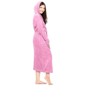 NY Threads Womens Fleece Hooded Bathrobe Plush Long Spa Robe, Medium, Pink