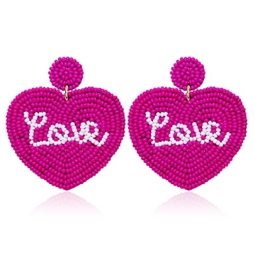 Beaded Heart Earrings Valentines Red Heart Dangling Earrings for Women Handmade Love Heart Shaped Ea...