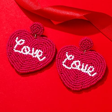 Beaded Heart Earrings Valentines Red Heart Dangling Earrings for Women Handmade Love Heart Shaped Earrings Hypoallergenic Valentine’s Day Holiday Earrings Jewelry Gift for Her