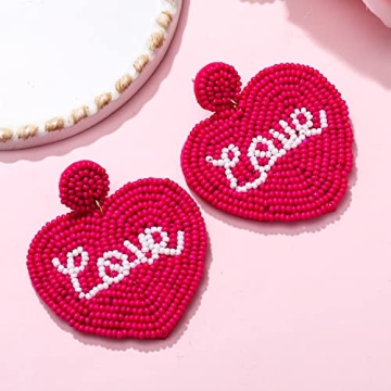 Beaded Heart Earrings Valentines Red Heart Dangling Earrings for Women Handmade Love Heart Shaped Earrings Hypoallergenic Valentine’s Day Holiday Earrings Jewelry Gift for Her